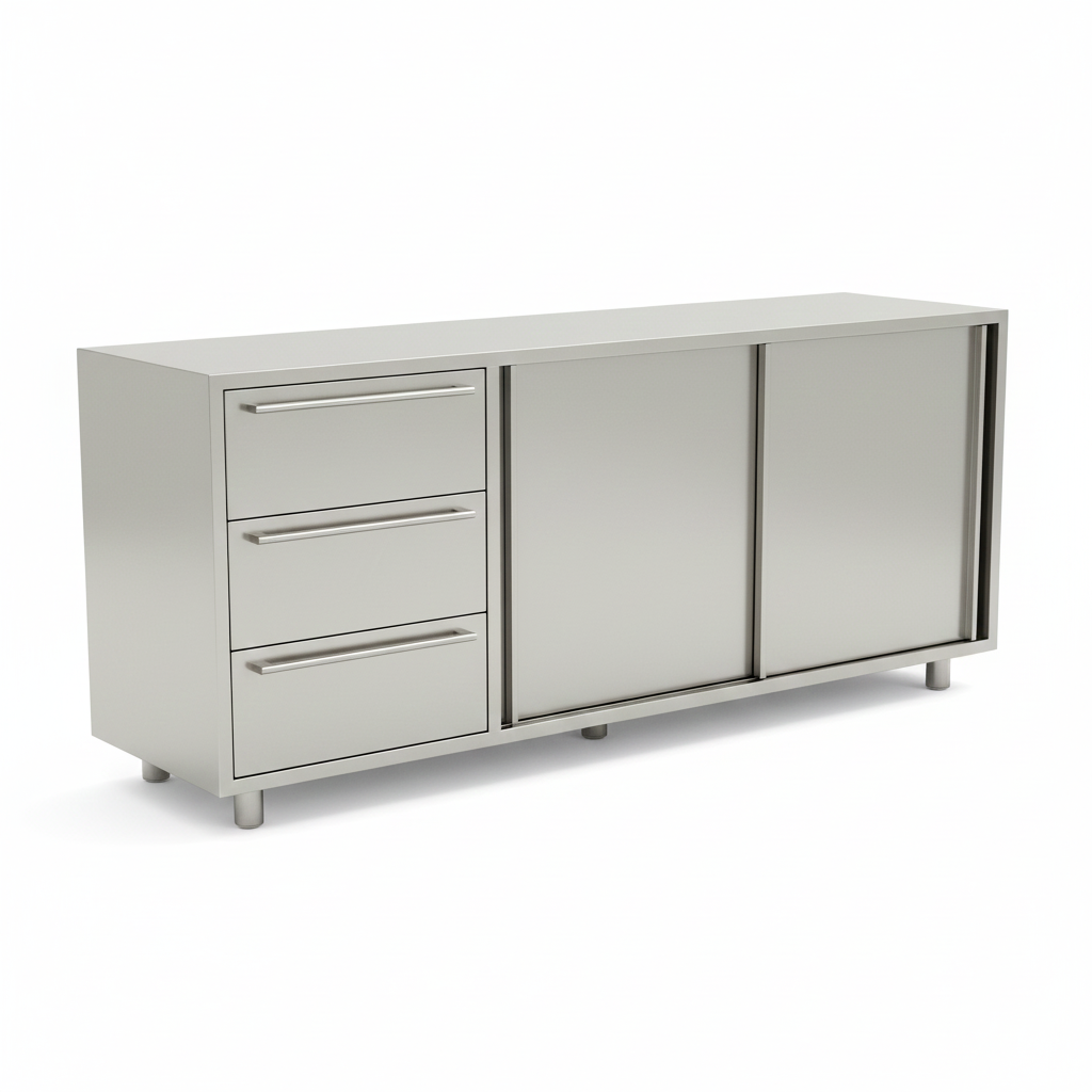 Stainless Steel Cabinet with Drawers and Sliding Doors